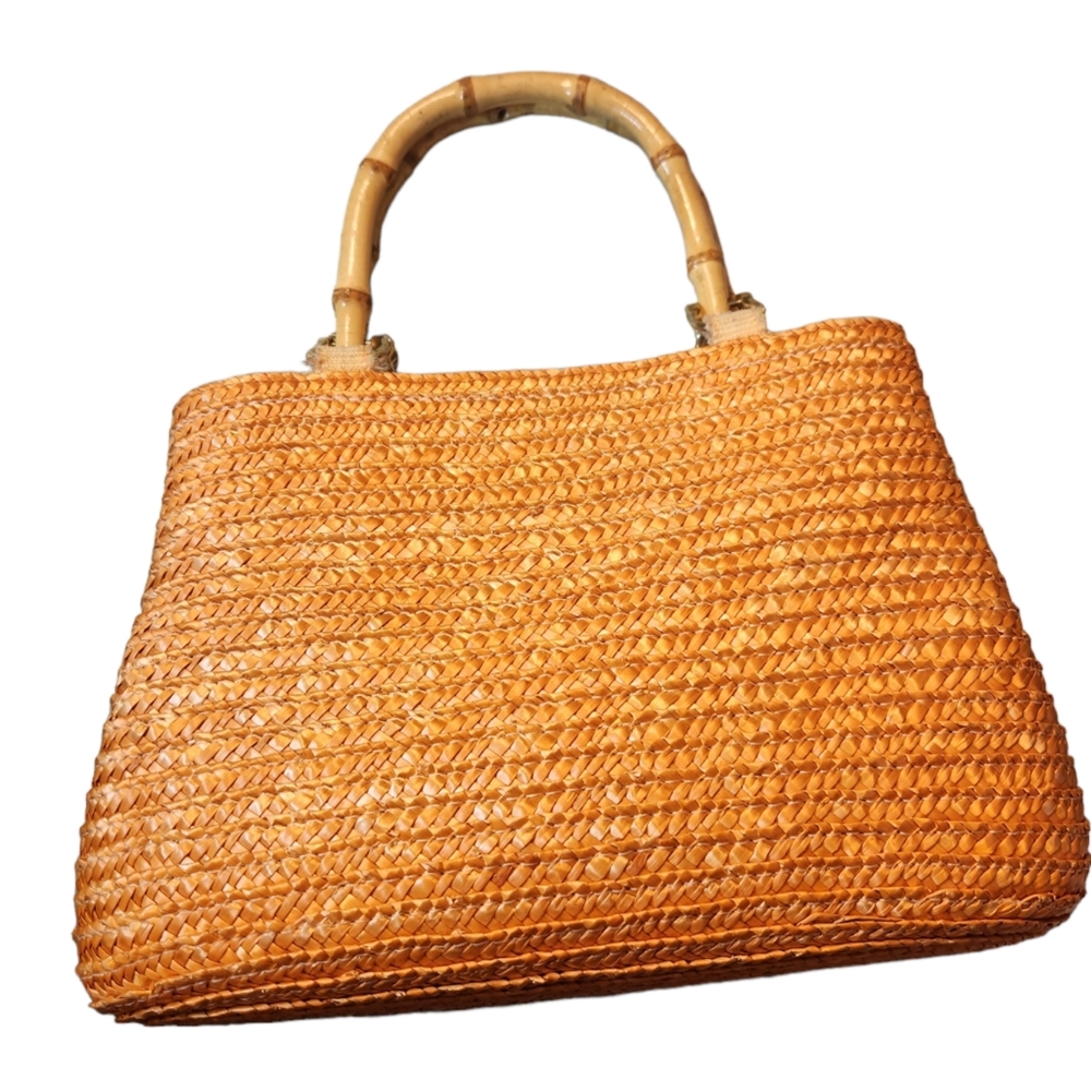 Handbag Wheat Straw Bamboo Handles Orange Womens